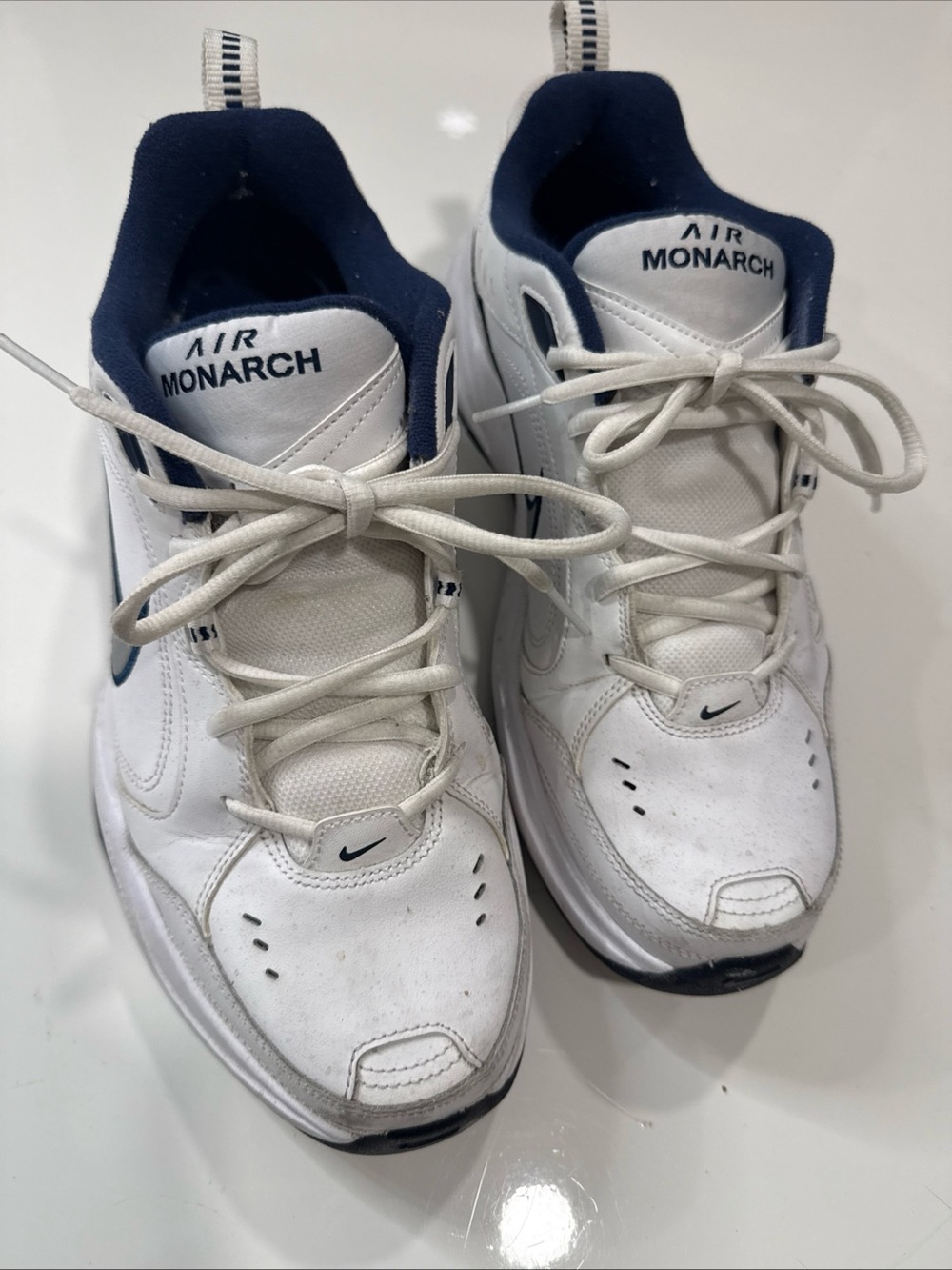 Nike Air Monarch IV 415445-102 White Metallic Silver Midnight Navy Mens SZ 11